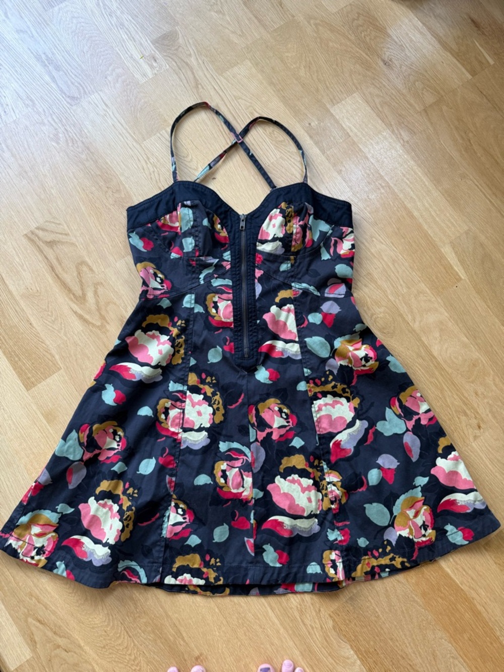 French Connection Black Floral Denim Mini Dress size 10